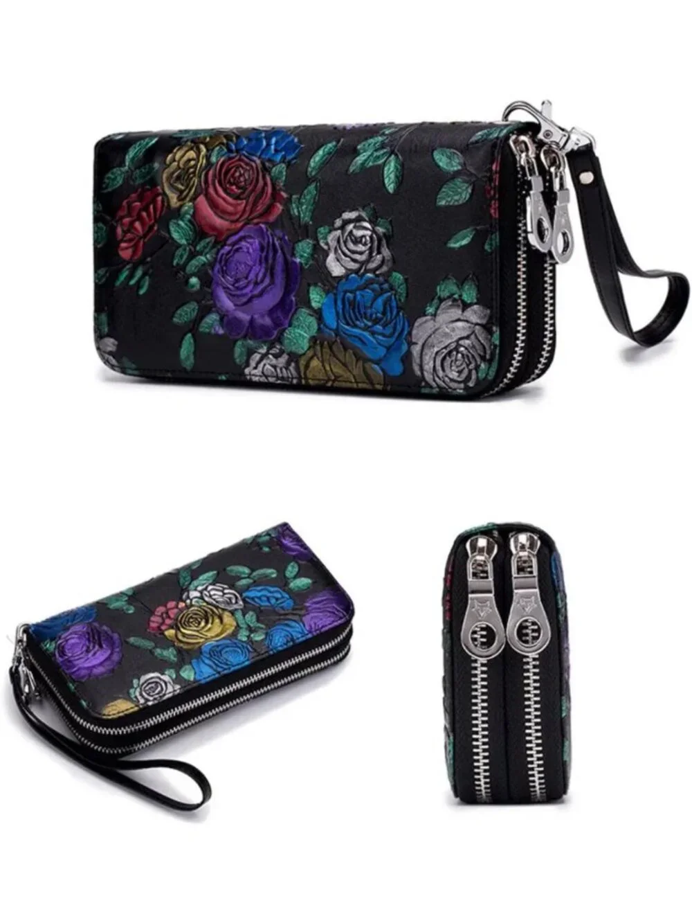 Floral Hand-Painted Leather Double Zipped Wallet Wristlet, RFID Blocking Clutch